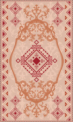 Obraz premium Seamless vector pattern of a traditional tribal rug design. Features geometric symmetry, ethnic motifs, and border decorations inspired by vintage weaving styles. 