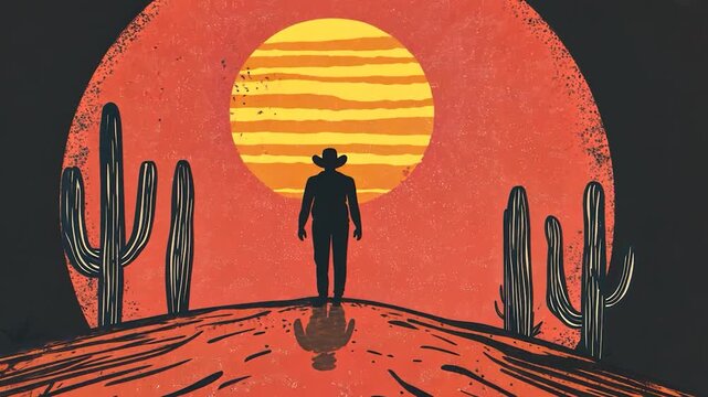 Silhouette of a cowboy in a desert landscape at sunset