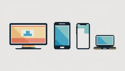 Pixelated computer smartphone and laptop devices displaying abstract digital interfaces against a light background