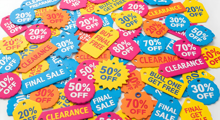 Assorted Discount Price Tags with Vivid Colors and Varying Percentages off on White Surface for Shopping Promotion