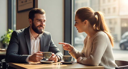 A man and woman having an animated conversation while drinking coffee in a sunlit modern cafe.