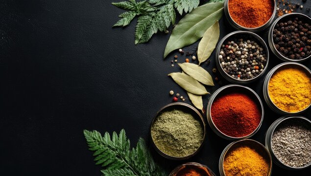 Assorted spices in small metal bowls, arranged on a dark surface with fresh herbs, creating a vibrant culinary backdrop