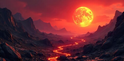 Fiery landscape of a fictional planet, volcanic rock formations, lava flows, and a crimson sky Perfect for sci-fi, fantasy, or apocalyptic themes , lava, dust
