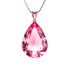 Pink teardrop gemstone pendant on gold chain isolated