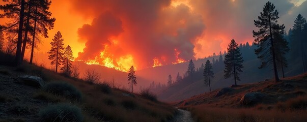 Fierce wildfire raging through a dry forest, consuming trees and underbrush, creating a dramatic landscape of smoke and flames , autumn, sunlight, yellow