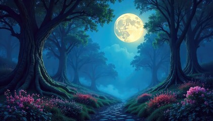 Enchanted forest bathed in ethereal moonlight, glowing flora and fauna, mystical atmosphere, ancient trees casting long shadows , branches, mystical creatures