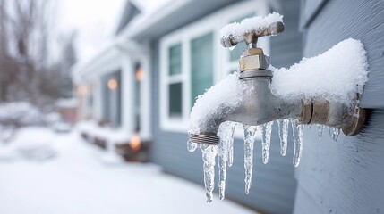 Frozen outdoor faucet with icicles during winter season at a suburban home