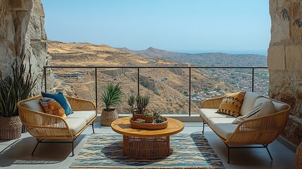 Outdoor balcony lounge area with panoramic mountain and city views