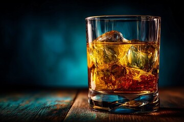 Whiskey on the rocks in a glass sitting on a rustic wooden table