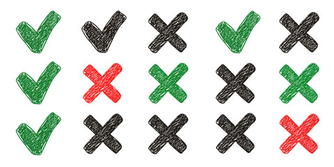 Obraz premium Hand-Drawn Green Checkmarks and Red/Black Crosses in Rows