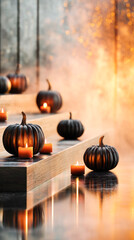Black pumpkins and candles arranged on wooden steps create a warm, inviting atmosphere, perfect for autumn celebrations and seasonal decor inspiration
