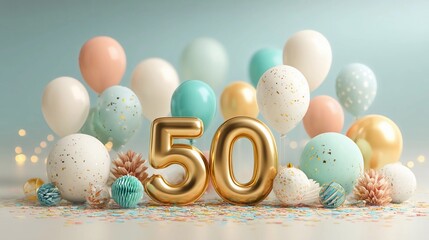 Golden balloons and decorations for a memorable birthday celebration at 50 years old