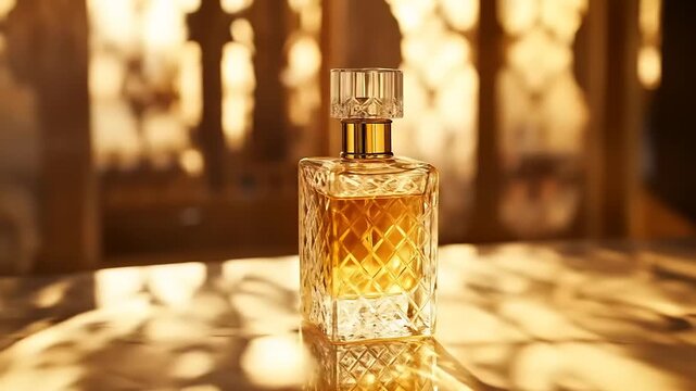 Elegant crystal perfume bottle with golden liquid, beautifully lit, showcasing intricate reflections