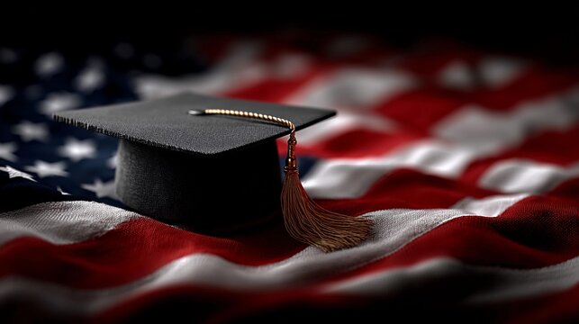 Graduation cap on American flag symbolizing achievement and patriotism during celebration - Powered by Adobe