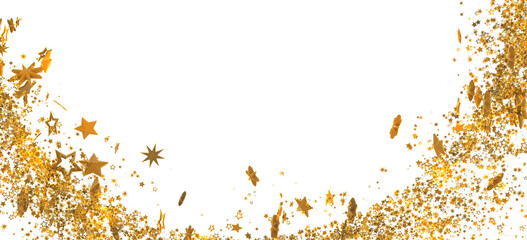 Sparkling gold stars and confetti on white. Perfect for holidays, celebrations, and festive designs.