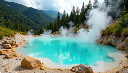 Serene geothermal hot spring pool, steam rising from the turquoise water, surrounded by lush green vegetation Perfect for relaxation and wellness themes , natural, soak