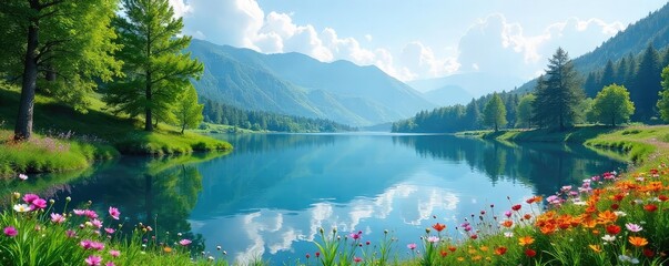 Serene blue waters of a tranquil lake reflecting the sky, surrounded by lush green trees and vibrant wildflowers A peaceful nature scene perfect for relaxation and escape , sunshine, water