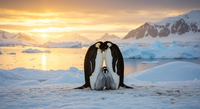 Loving emperor penguin couple tenderly shelters their small chick in the vast, snowy Antarctic landscape at sunset. - Powered by Adobe