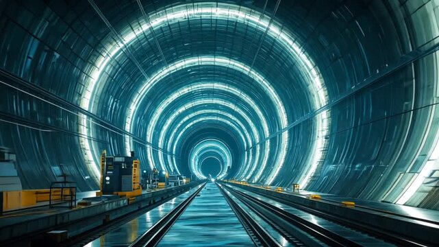 A long illuminated subway tunnel with parallel train tracks