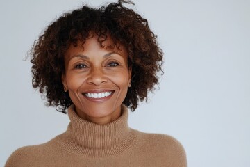 A smiling middle-aged woman with curly hair, wearing a brown turtleneck sweater.