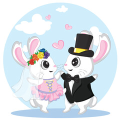 cute little bunny in love valentine's day. illustration of wedding couple of bunnies. Just married.