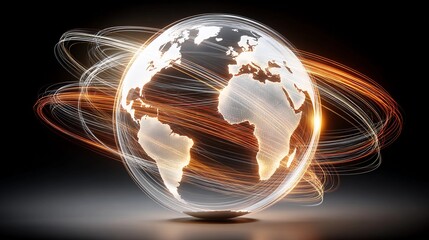 Glowing globe with light trails representing global connectivity and movement