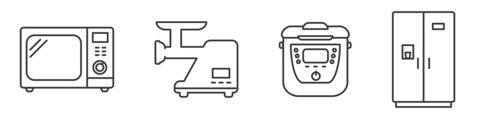Set of simple kitchen appliances line icons as microwave, meat grinder,  multicooker, fridge isolated on transparent background. Kitchen devices linear icons set. Editable stroke.