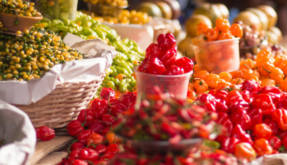 Red and green peppers at a market