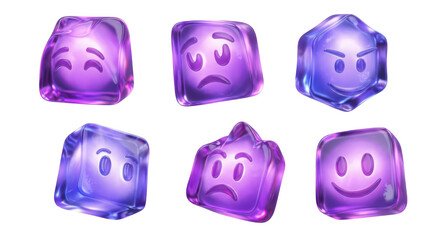 Six purple ice cubes with emoji faces displayed against white backdrop illustrating various emotions useful for design elements