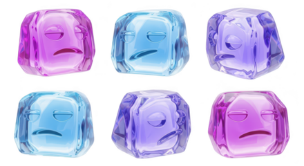 Colorful stylized ice cubes with sad faces isolated on white suggesting emotional or cooling concepts for creative use
