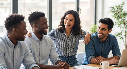 Four diverse colleagues engaging in a friendly conversation in a modern office setting, highlighting teamwork and collaboration.