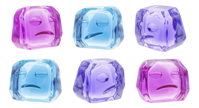 Colorful stylized ice cubes with sad faces isolated on white suggesting emotional or cooling concepts for creative use