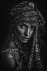A woman with a scarf on her head. The scarf is black and white. The woman has a serious expression on her face