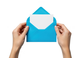 Hands holding an open blue envelope with a white card inside isolated on transparent background
