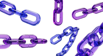 Multiple translucent chains blue & purple floating against a white background symbolizing connection relationships or abstract concepts