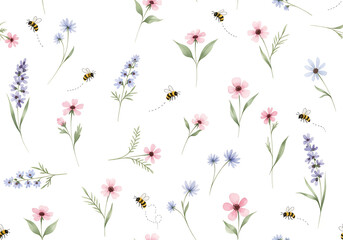 Delicate watercolor wildflowers and bees in a charming seamless pattern