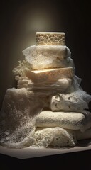 Fototapeta premium A meticulously arranged stack of off-white, textured rectangular objects, resembling soap or textiles, rests on a white surface, draped with delicate, crumpled fabric, illuminated from above