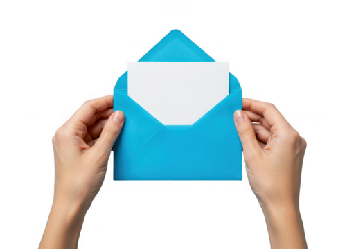 Hands holding an open blue envelope with a white card inside isolated on transparent background