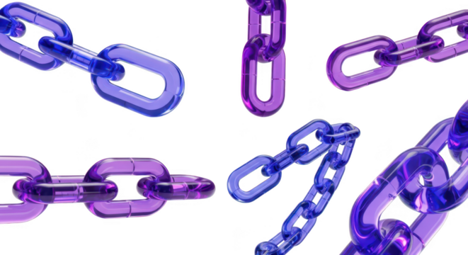 Multiple translucent chains blue & purple floating against a white background symbolizing connection relationships or abstract concepts