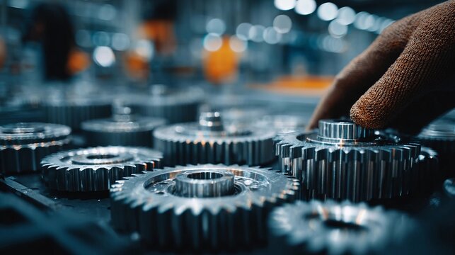 Worker assembling metal gears in a factory during daytime operations