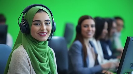 Smiling woman in green hijab working at a call center with colleagues in the background - Powered by Adobe