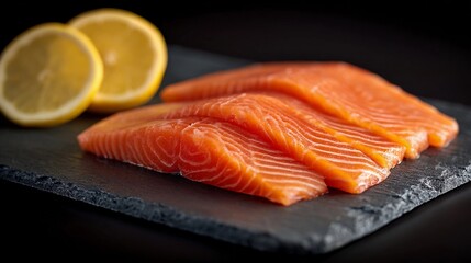 Salmon fillets with lemon slices arranged on a dark slate surface