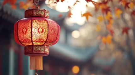 Red lantern with gold patterns glowing in a traditional courtyard, celebrating China National Day.