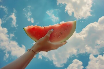 Shot of Woman Holding Watermelon with Blue Sky Background