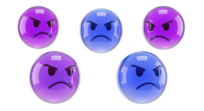 Angry emotion spheres floating on a white backdrop symbolizing rage and discontent potentially for use in UI design or social media