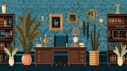 Ornate study with plants & books
