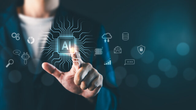 A businessman touching a glowing AI chip icon with digital network symbols, representing artificial intelligence, technology integration, and innovation in a virtual environment