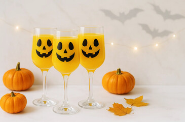 Yellow orange juice in a transparent glass with Jack's smiling face, on a light background, Halloween greeting card