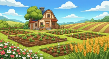 Charming cartoon illustration of a farm with a quaint house and vegetable gardens in the fields a