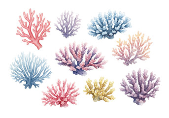 Collection of colorful coral branches in various shades of pink blue and yellow